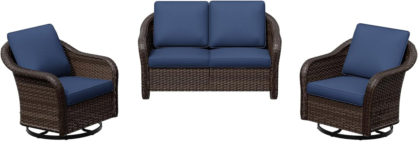 3 Pieces Patio Conversation Set, 55" Sofa with Washable Cushions, Wicker 360 Degree Swivel Glider Rocker Chairs, Wicker 2-Seat Couch for Garden, Lawn (Navy Blue)