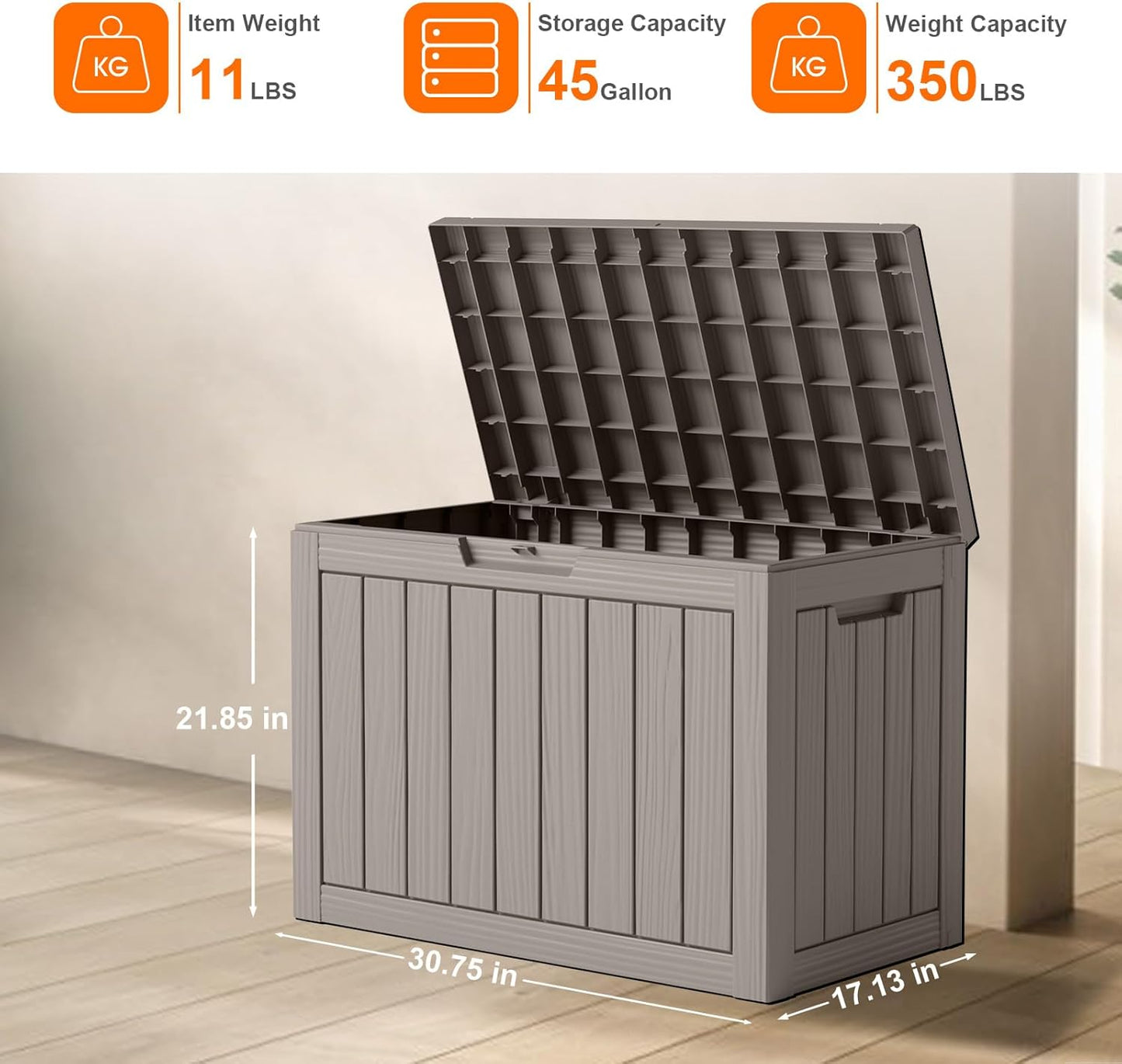 DRATO 45 Gallon Deck Box, Outdoor Storage Box for Patio Furniture, Patio Cushions, Gardening Tools, Pool Supplies 480lbs Weight Capacity,Waterproof Resin Storage Boxes (Light Brown, 45Gal)