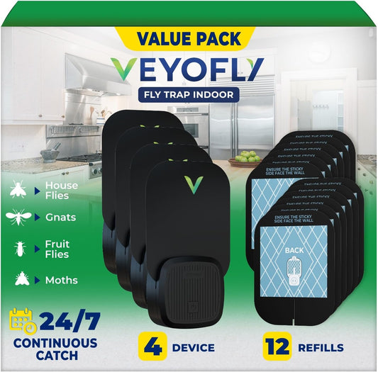 VEYOFLY Fly Trap Indoor, Fruit Fly Traps for Indoors, (4 Device + 12 Refills) Gnat Traps for House Indoor, Fly Catcher Indoor, Plug in Light Flying Insect Trap, Bug Light Killer, Fly Trap
