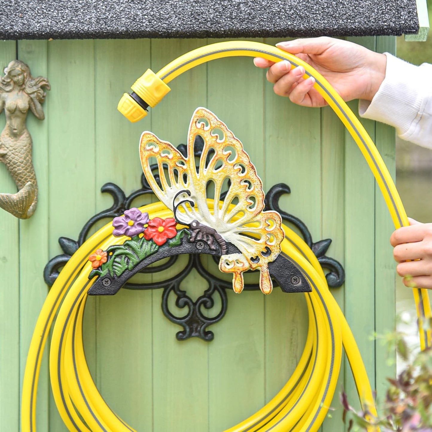 Sungmor Cast Iron Garden Hose Holder, Heavy Duty Wall Mounted Hose Hanger, Decorative Butterfly Water pipe Organizer, Hose Reel Rack for Outside, Garden Yard Decor