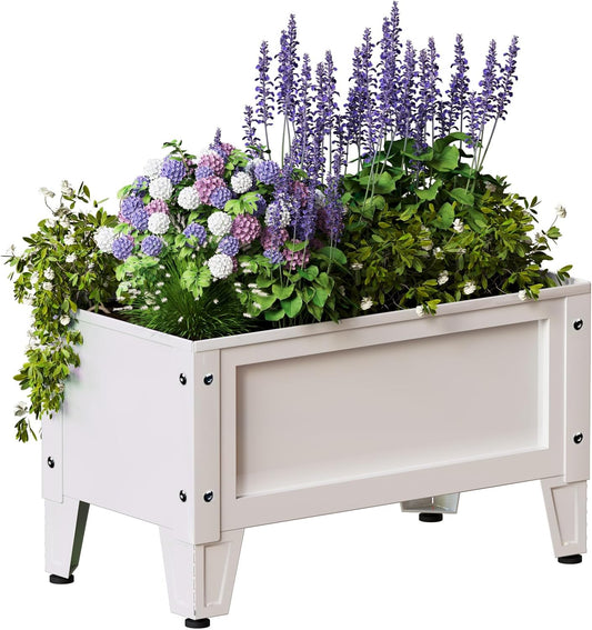 Raised Garden Bed with Low Profile Design Metal Planter Box for Growing Fresh Herbs Vegetables Flowers Succulents&Other Plants for Outdoor Backyard Patio Deck Balcony White