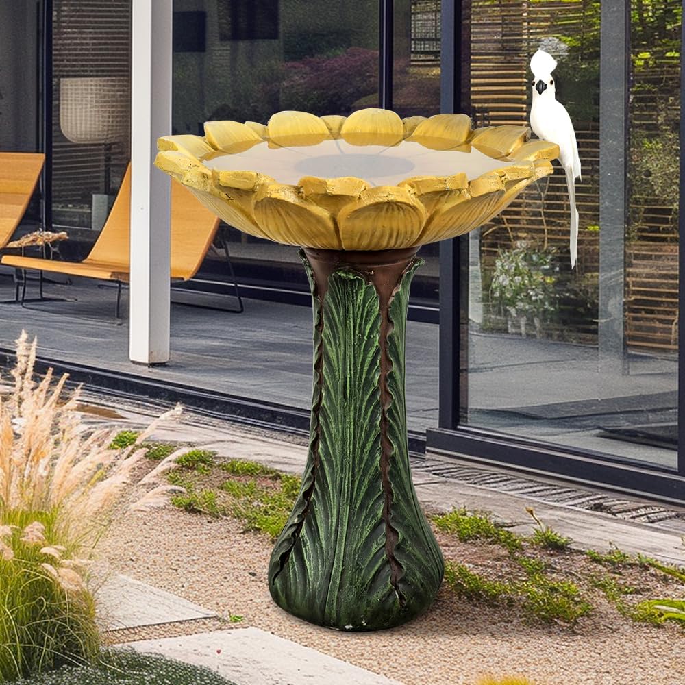 Garden Birdbath Sunflower Shaped, 24.4" H * 20" Φ Freestanding Concrete Bird Bath for Outside Patio Yard Decor