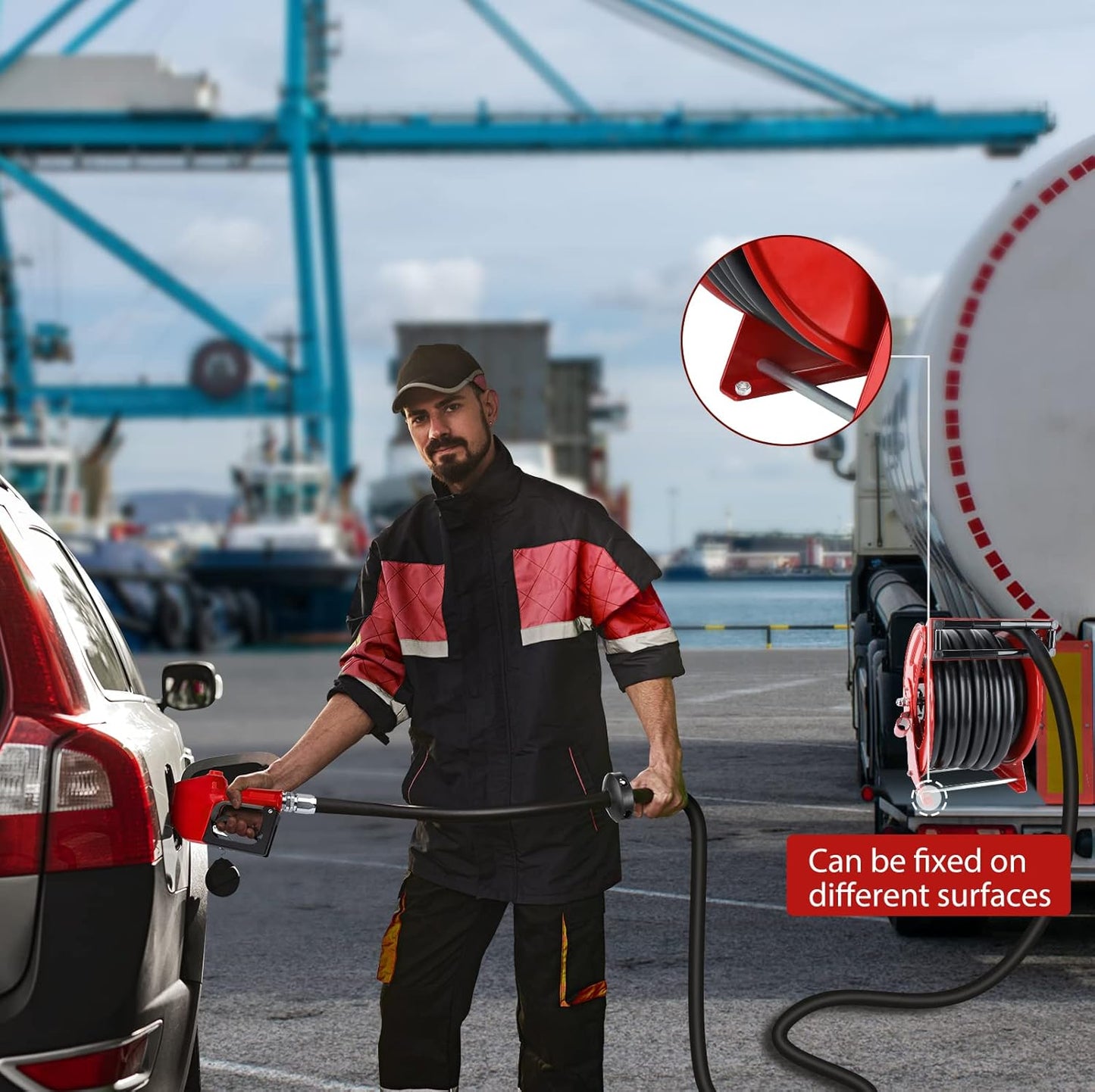 Fuel Hose Reel with Fueling Nozzle, 1" x 50FT Retractable Diesel Hose Reel, 300 PSI Industrial Heavy Duty Auto Swivel Rewind Hose Holder Reels, for Vehicle Tank Truck Trailer Ship