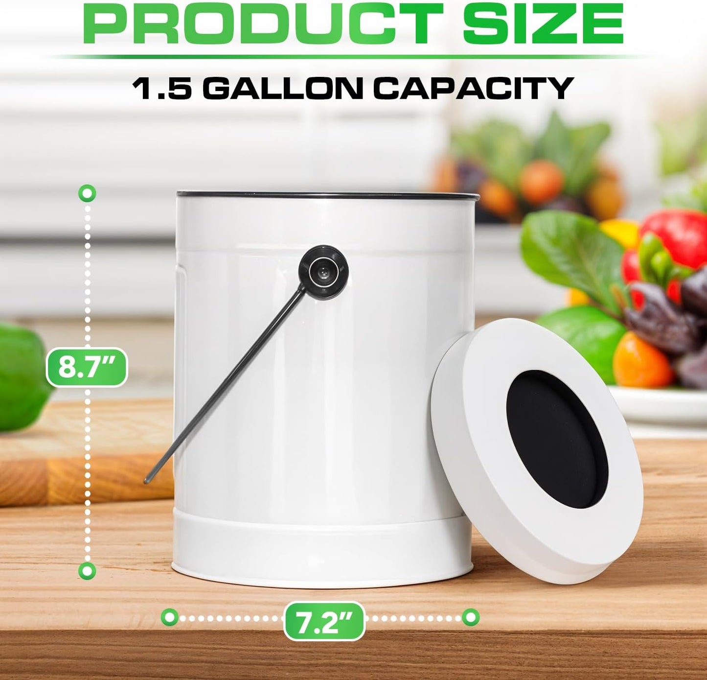 Plexon Countertop Compost Bin Kitchen with Lid, 1.5 Gallon Odorless Kitchen Compost Container, Steel Food Bucket with Charcoal Filter, Pail for Countertop, White