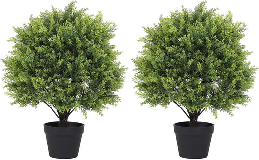 THE BLOOM TIMES 2ft Artificial Topiary Ball Trees Outdoor Set of 2, 24" Tall Faux Cedar Plants Outside UV Resistant Greenery Fake Evergreen Potted Bushes and Shrubs for Front Porch Patio Planter Decor