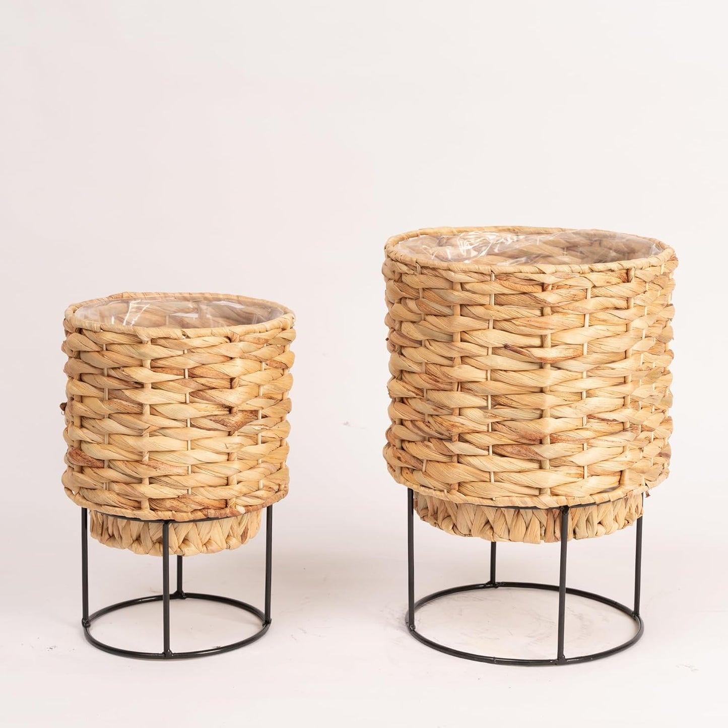 Set of 2 Water Hyacinth Planter Pot with Metal Stand - Indoor Plant, Flower, Succulent, Basket Planter, Decorative Pot Cover (Twisted)