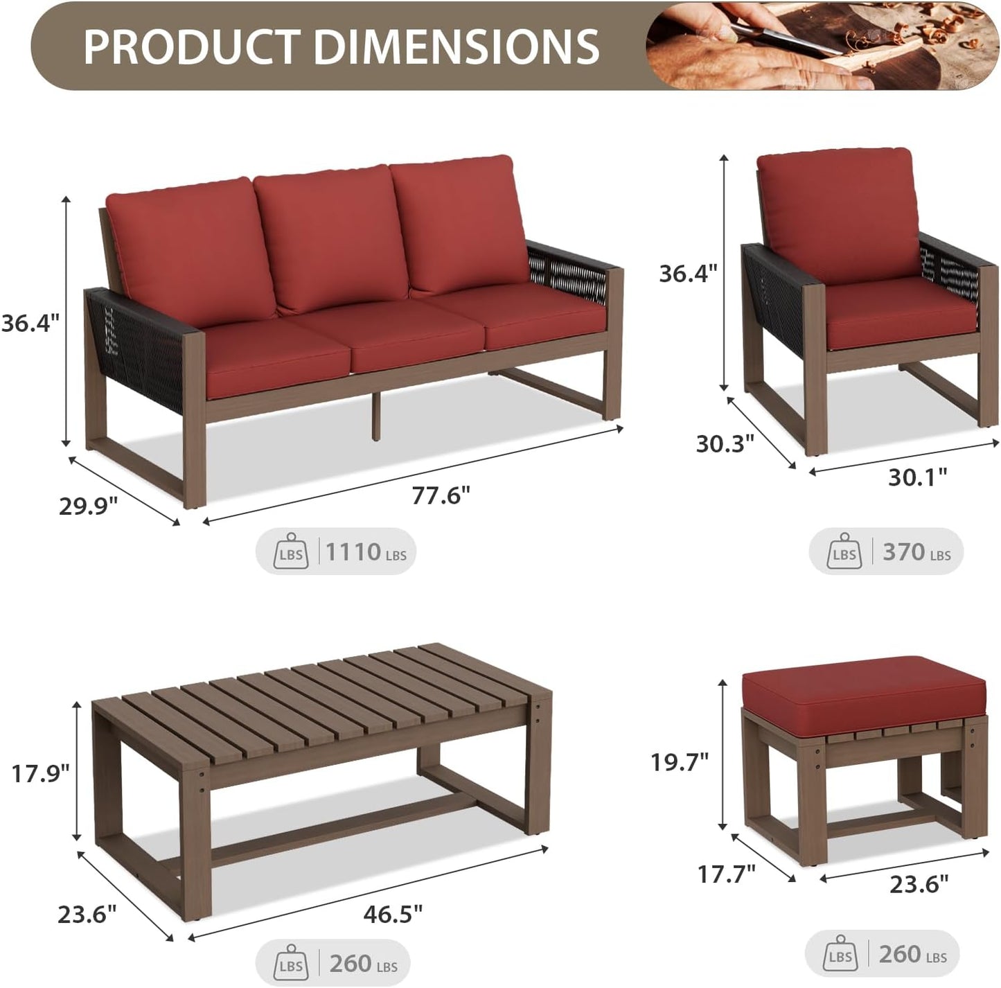 EAGLE PEAK Natural Wood Outdoor Patio Furniture, Cedar Furniture, Conversation Set, Outdoor Seating for Deck Patio Porch, Sofa 4 Chairs 2 Ottomans & Coffee Table, 8 Pieces, Brown/Red