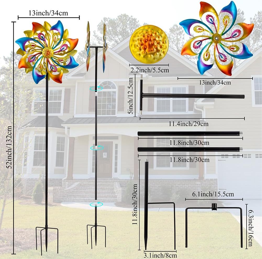 DREAMSOUL 13" Dia Wind Spinners Outdoor with 4 Prong Stakes, Kinetic Metal Wind Spinners for Yard and Garden Decor (52 * 13 Inches)