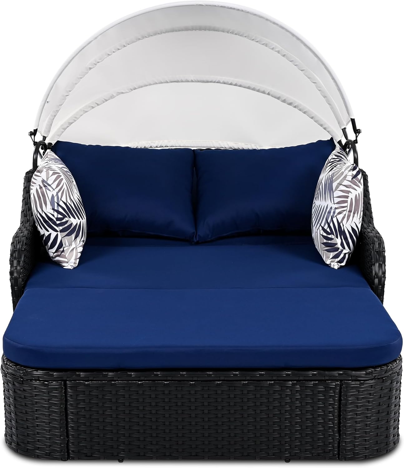 kevinplus Outdoor Patio Sunbed Daybed Double Lounge with Adjustable Canopy for Garden Backyard Pool, PE Rattan Wicker Material & Moveable Cushion Cover, Blue & Black
