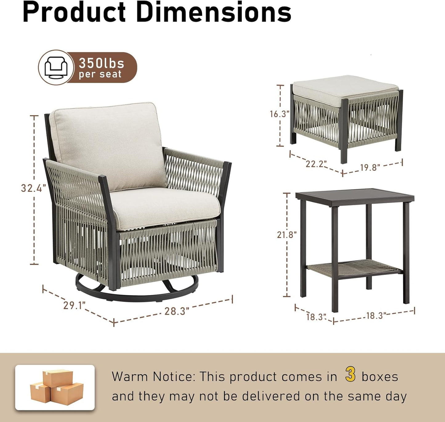 Patio Furniture Wicker Outdoor Conversation Set, 5-Piece All Weather Patio Furniture Rattan Rocking Sets w/Removable Cushions & Ottomans, Side Table for Backyard, Balcony, Deck, Beige