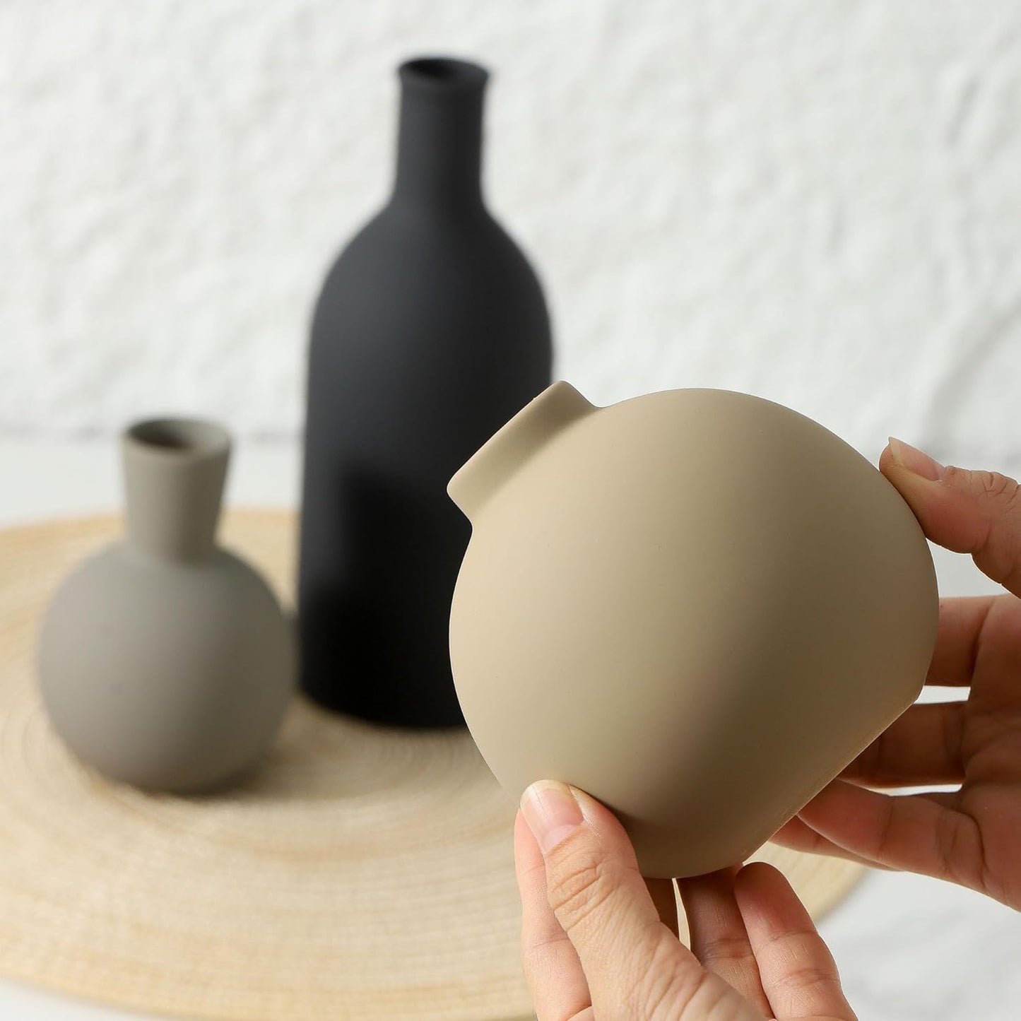 Ceramic Vase Set of 3, Flower Decorative Vases Home Decor Boho Neutral Modern Pottery Pampas Vases for Centerpiece Bouquet Table Mantel Entryway Bookshelf Living Room Bedroom Bathroom Kitchen