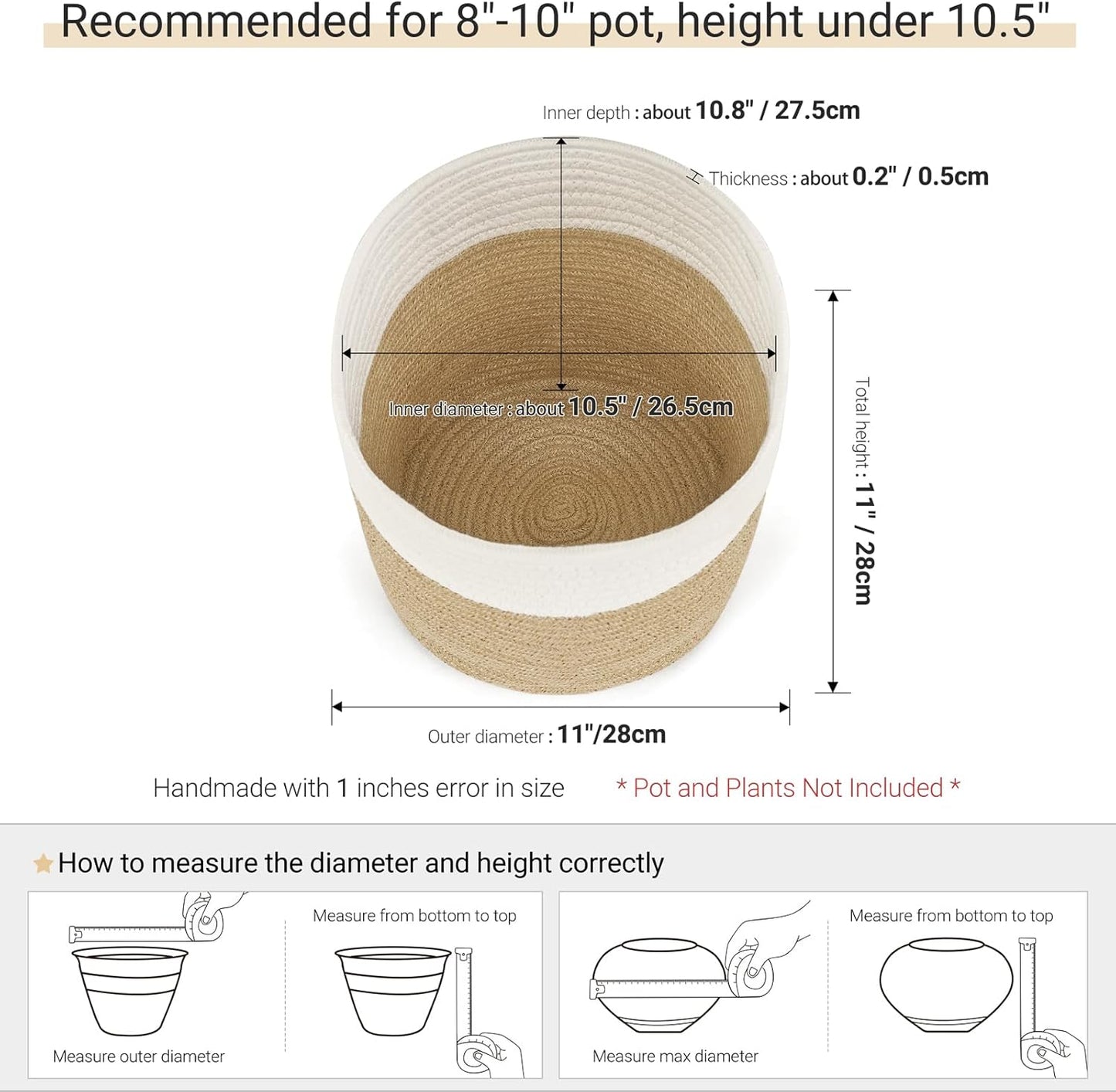 Dahey Jute Spliced Cotton Rope Plant Basket Modern Woven Storage Basket for 10.5" Floor Indoor Planter, Decorative Flower Pots Cover Laundry Bin with Handle Rustic Home Decor, White and Beige