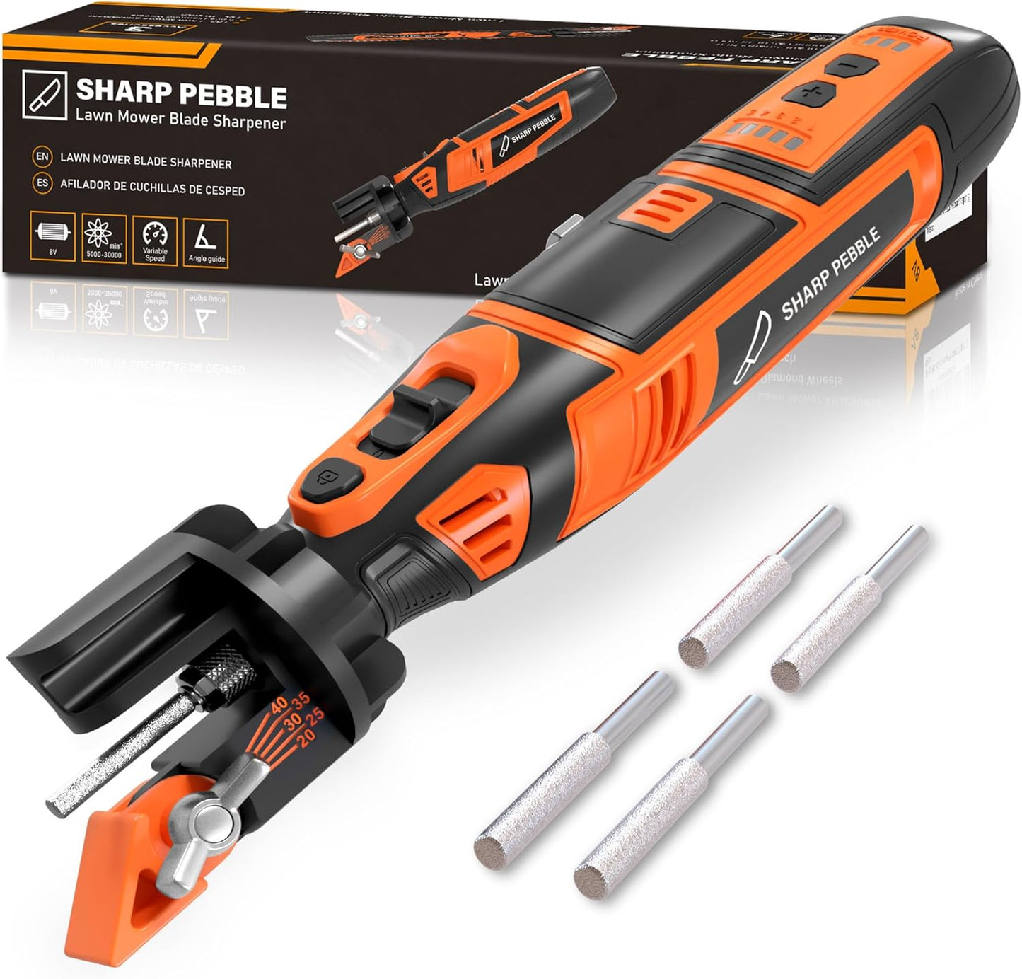 Sharp Pebble Cordless Lawn Mower Blade Sharpener – Adjustable 20°- 40° Angle Guide-Rotary Tool with Replaceable Sharpening Wheel Bits & Fast Rechargeable Battery – Effortless Precision for Lawn Care