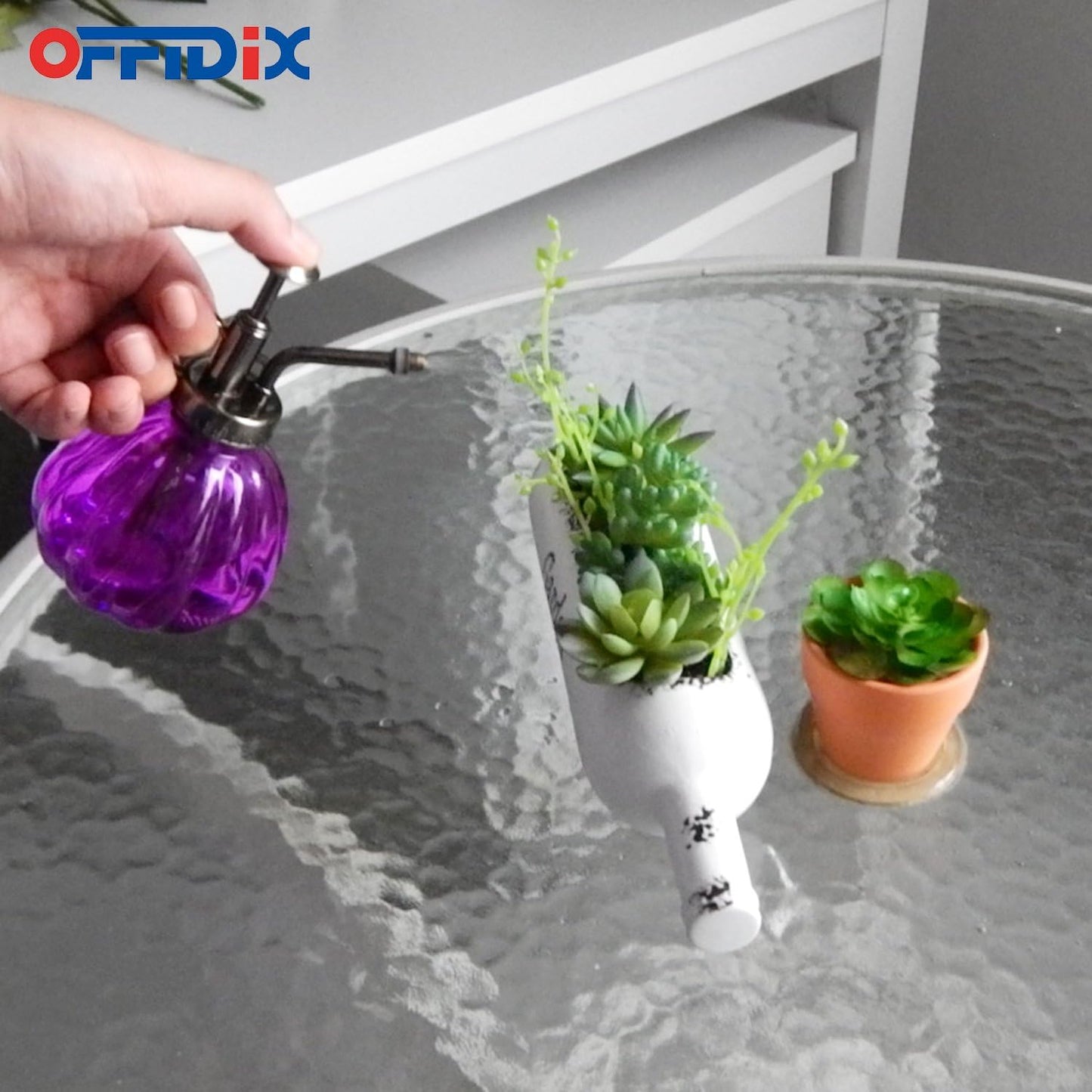 OFFIDIX Glass Watering Spray Bottle, 6.3" Tall Vintage Style Plant Mister with Bronze Plastic Top Pump One Hand Watering Can Glass Spary Bottle (Dark Purple)