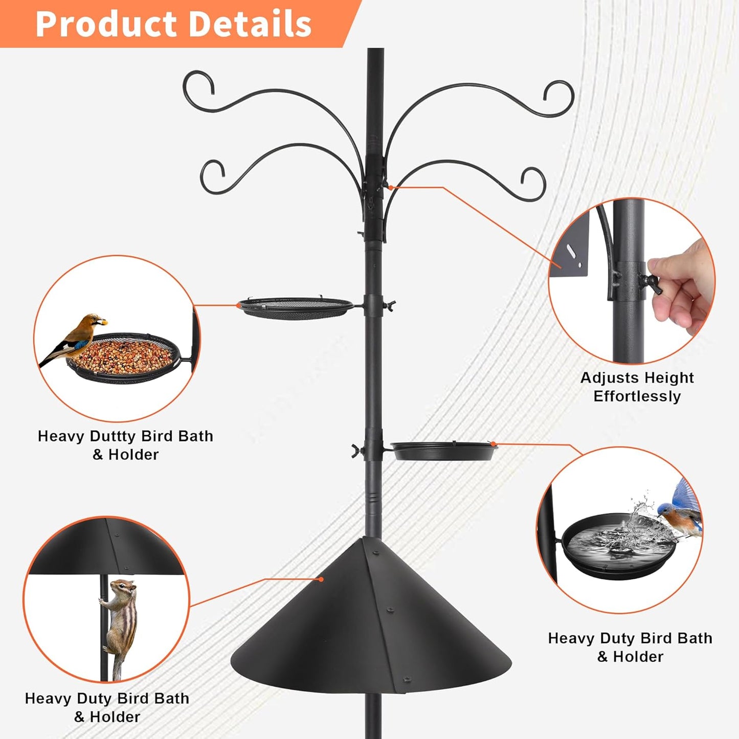 eWonLife 92 Inch Bird Feeder Pole with Squirrel Baffle & Upgraded 9-Prong Base, Adjustable Bird House Pole for Outdoors Heavy Duty, Bird Feeder Stand Post Station with 4 Shepherd Hooks, Birdbath, Tray