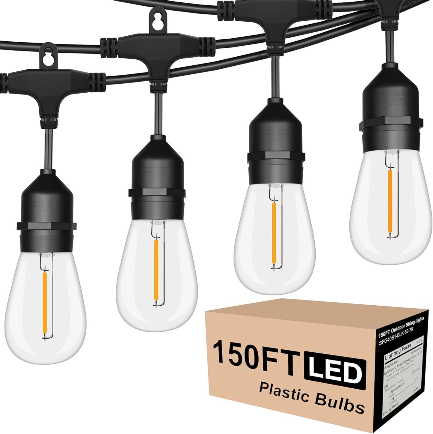 SUFEIMAS Outdoor String Lights LED 150FT with 45 Sockets 48pcs S14 Shattreproof Edison Bulbs,Dimmable LED Outdoor String Lights for Outside, Patio,Backyard, Market, Cafe (3 * 50ft)
