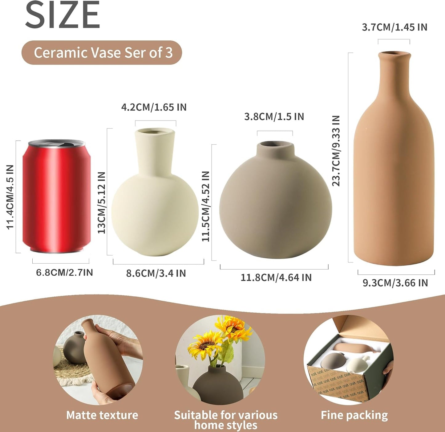 Vase Set of 3 | Ceramic Neutral Vases Home Decor | Rustic Flower Pottery Vases Modern Farmhouse Vase for Table Entryway Mantel Centerpiece Bookshelf Living Room Bathroom Bedroom -Brown Large