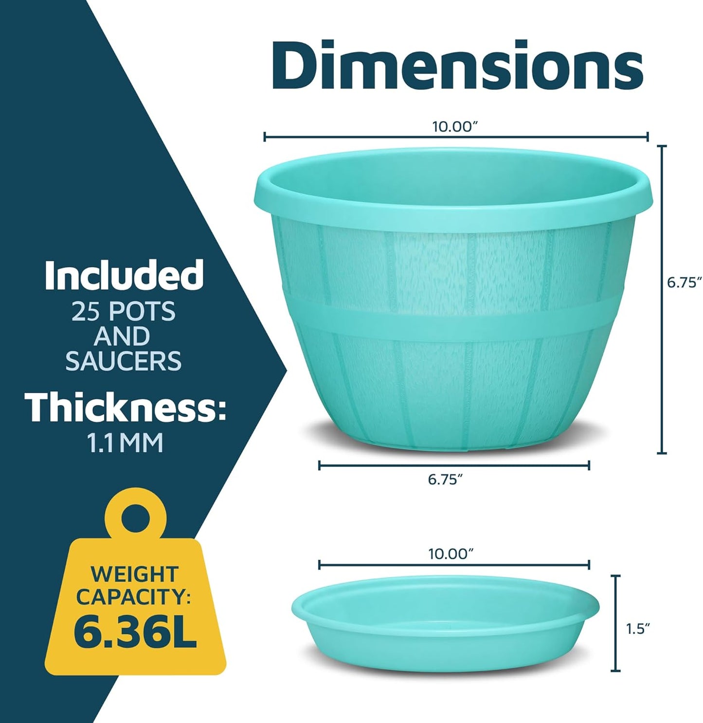 10-Inch Whiskey Barrel Planters Outdoor Pack of 25 - Durable Plastic Plant Pots for Indoor & Outdoor Use with Drainage & Saucer, Lightweight Rustic Barrel Planters for Flowers, Herbs & Small Plants