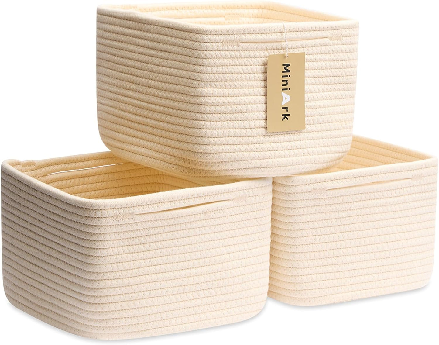 Small Organizing Baskets for Cubes Shelf, 9.7x9.7x7.1 Inch Rope Woven Storage Bins for Nursery Shelves Storage, Cute Toy Basket, Square 3 Packs Beige