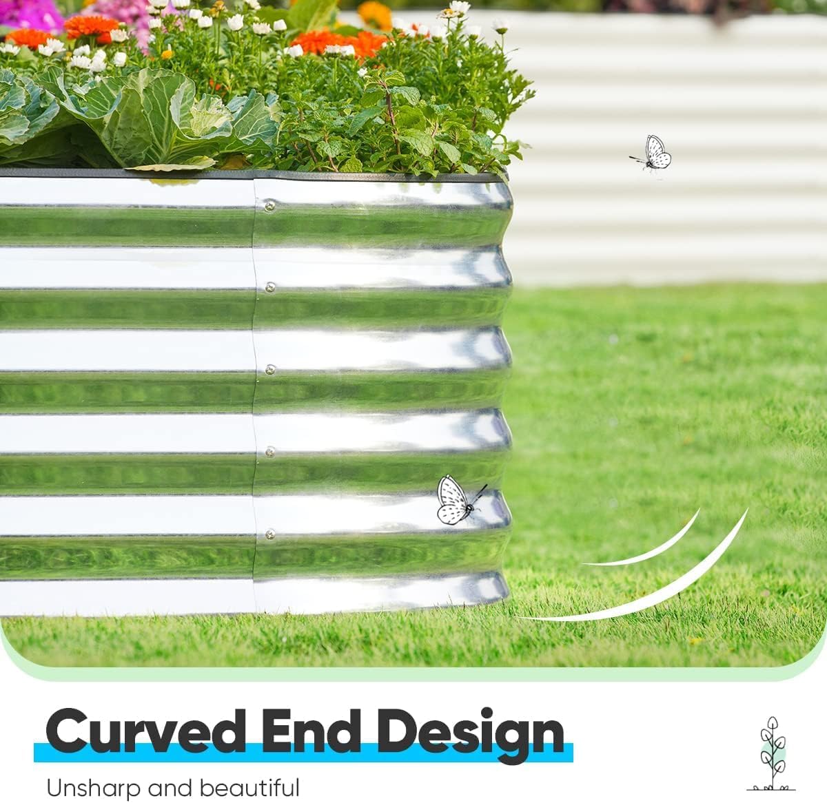 Quictent Raised Garden Bed Kit Oval Galvanized Metal Planter Box Tall for Vegetables Outdoor Backyard, Rubber Strip Edging Included, Silver 8x4x1.5 ft