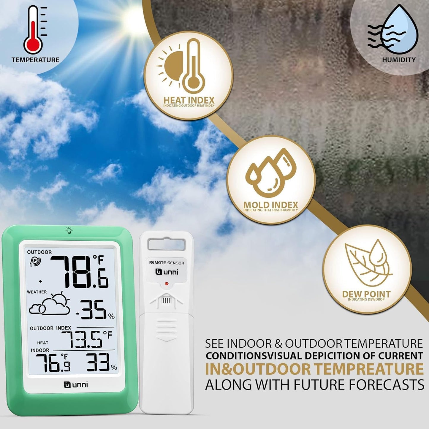Indoor Outdoor Thermometer Wireless, Temperature Humidity Monitor Battery Powered Inside Outside Thermometers with 330ft Range Remote Sensor(Green)