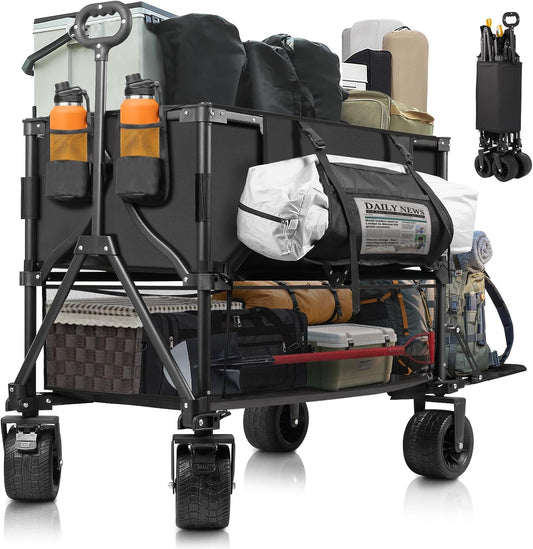 Double Decker Wagon Heavy Duty Collapsible, 600LBS 400L Capacity Foldable Utility Cart with Big Wheels for Beach, Outdoor, Camping & Gardening, Durable Steel Frame