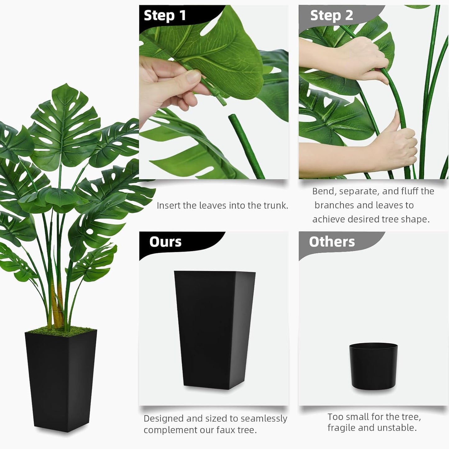 Artificial Monstera Deliciosa Plant 5FT - Faux Tropical Palm Tree with Black Tall Planter - Fake Swiss Cheese Floor Plant in Pot - Artificial Tree for Home Office Living Room Decor Indoor