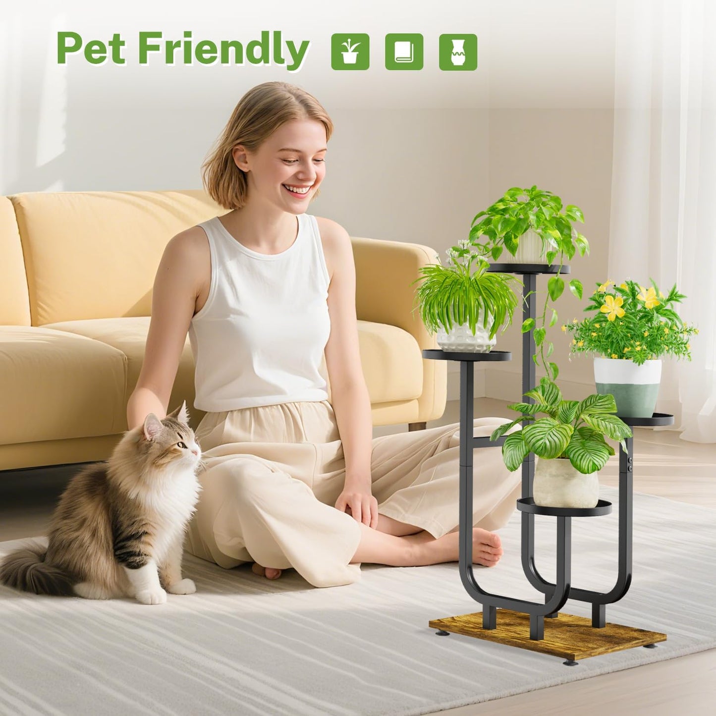 iDavosic.ly 4 Tier Plant Stand Indoor, Corner Tiered Multiple Flower Holder Shelf with Metal Trays, Orchid Display Wooden Rack for Patio Porch Living Room Balcony Outdoor, Modern Black & Rustic Brown