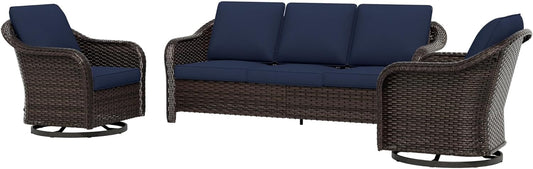 3 Piece Patio Wicker Conversation Set, All-Weather Use Outdoor Wicker Sofa with 2 PE Rattan 360 Swivel Chair, Ideal for Porch, Backyard, Balcony, Poolside, Blue