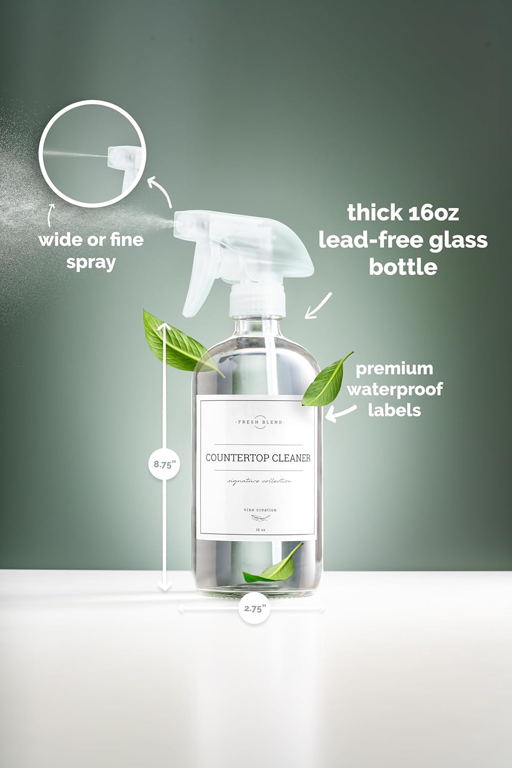 Vine Creations Glass Spray Bottles, 2 Pack Refillable Spray Bottles for Cleaning Solutions, Clear Spray Bottle for plants, Water Spray Bottle Sprayer, Glass Spray bottles 16 oz with Waterproof Labels