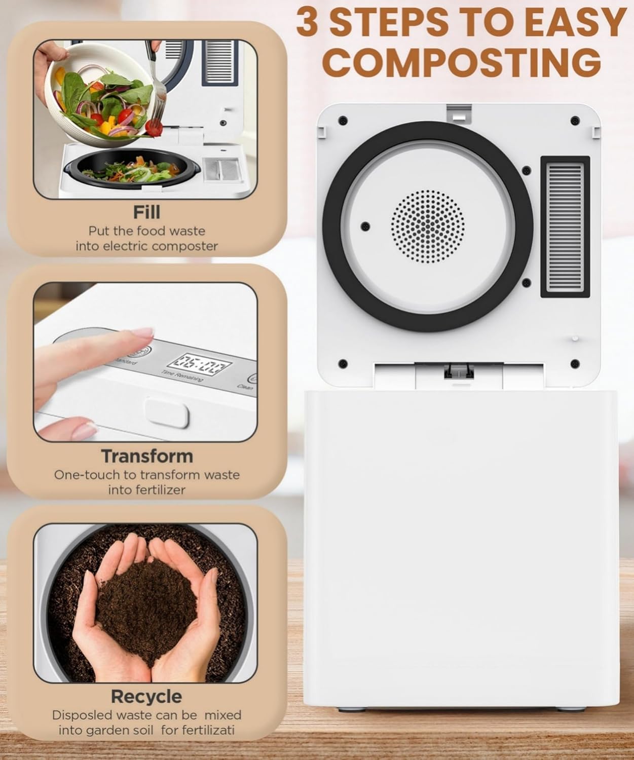 3L Electric Composter for Home, Kitchen Compost Bin for Countertop, Odorless/Auto-Clean/LED Display, One-Touch Composting to Handle Daily Household Food Waste.