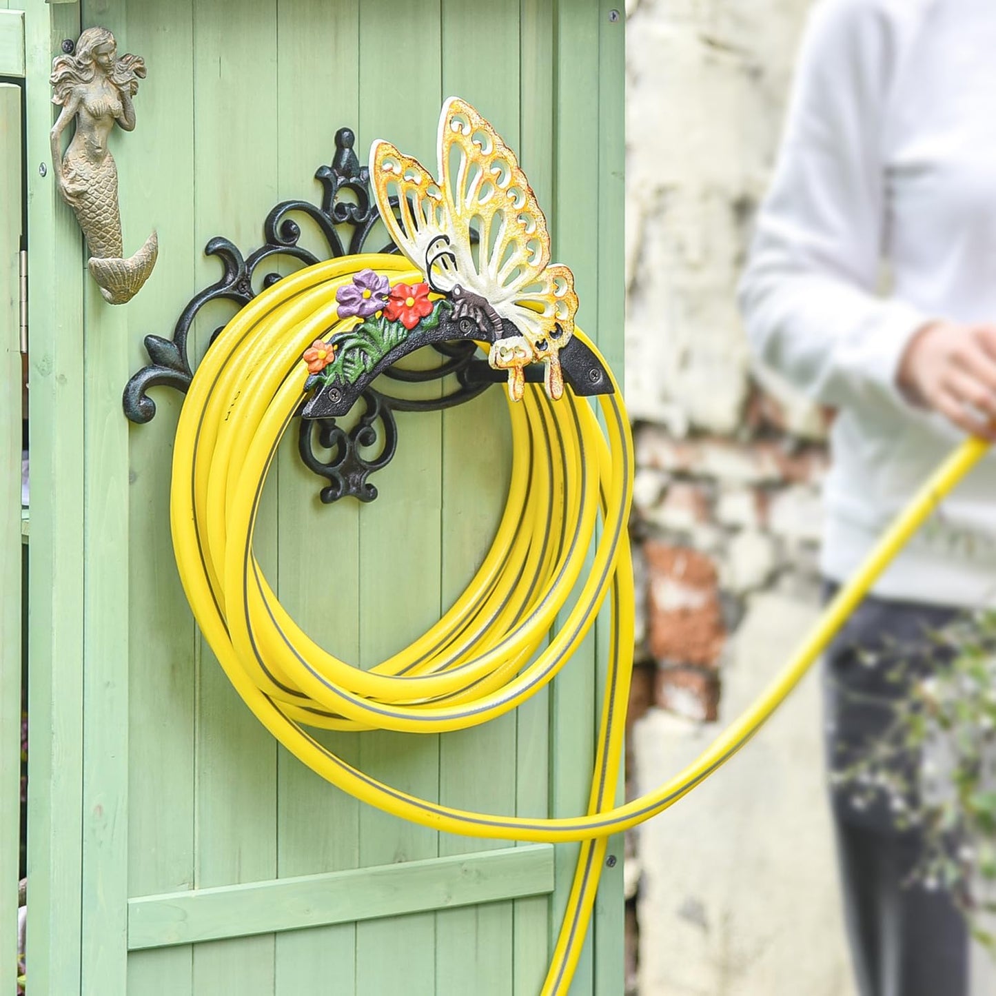 Sungmor Cast Iron Garden Hose Holder, Heavy Duty Wall Mounted Hose Hanger, Decorative Butterfly Water pipe Organizer, Hose Reel Rack for Outside, Garden Yard Decor