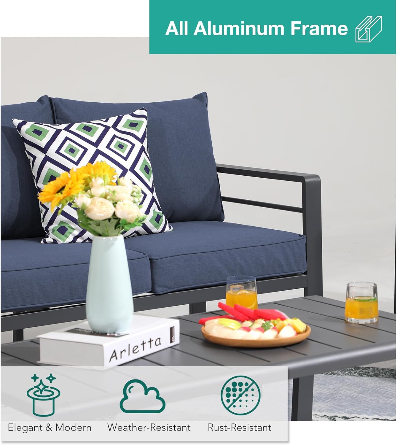 Patiorama Aluminum Patio Furniture Set, Outdoor Patio 3-Seater Sofa, 3 Seats Couch, All Weather Dark Grey Metal Chair with Olefin Cushion, Deep Seating, 800 lbs Capacity, Deck, Garden-Blue Cushion