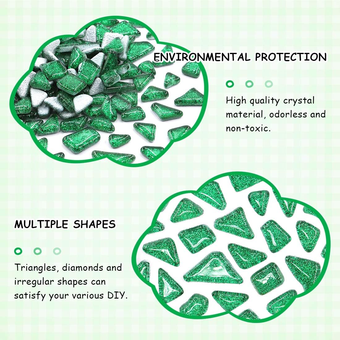 Swpeet 1 Pound Green Shine Crystal Series Mosaic Tiles Assortment Kit, Square and Triangle Genuine Mosaic Tiles Glitter Crystal Mosaic Perfect for Home Decoration Crafts