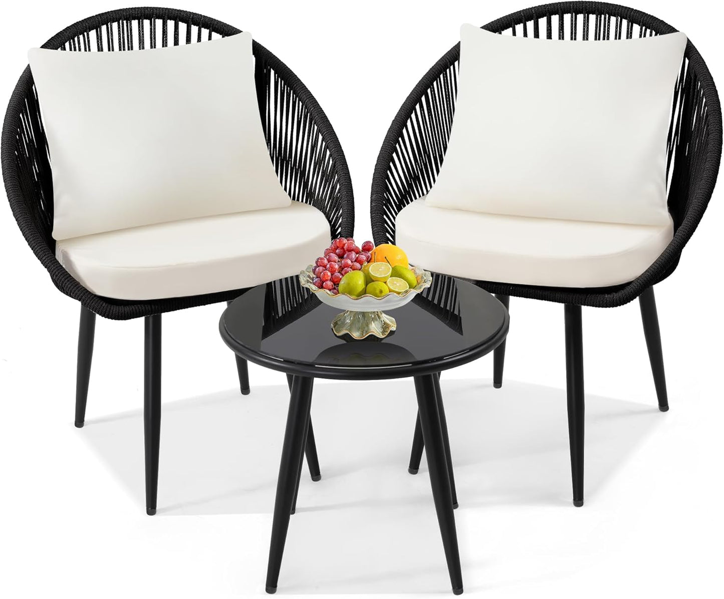 3 Pieces Bistro Set, Woven Rope Chair with Cushions, All Weather Patio Conversation Set and Side Table, Ideal for Deck, Balcony, Poolside, Black