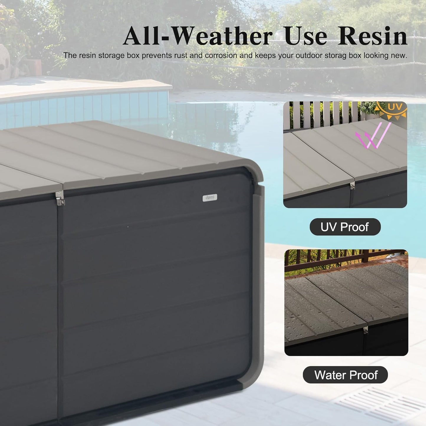 Domi 260 Gallon Resin Deck Box, Waterproof & UV-Resistant Outdoor Large Storage Box Lockable Storage Bin for Patio Cushions Pool Supplies Garden Tools and Delivery Storage