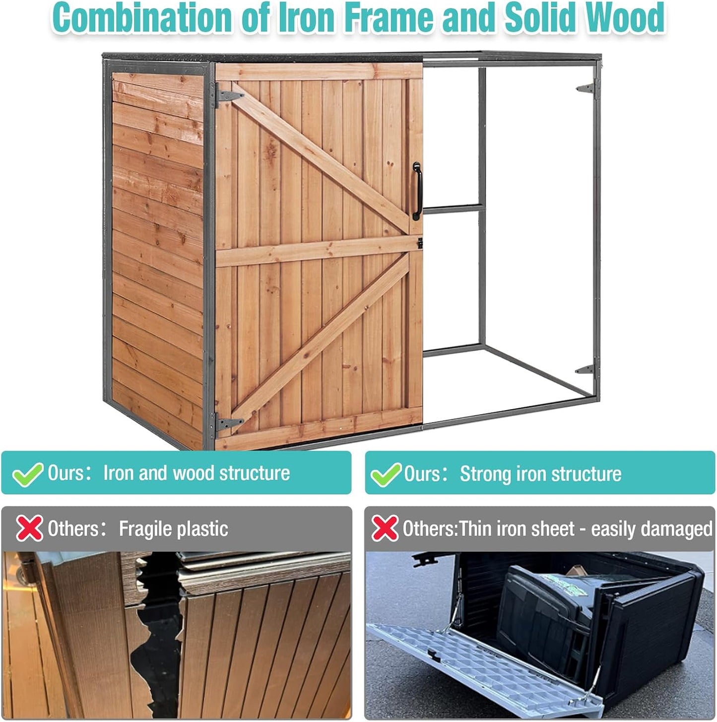 Outdoor Storage Cabinet,Wooden Garden Shed with Metal Frame Structure and Adjustable Shelf,33.3 Cu Ft Horizontal Waterproof Patio Tools Storage Box for Sofa Cushion, Lawn Mower and Garbage Cans