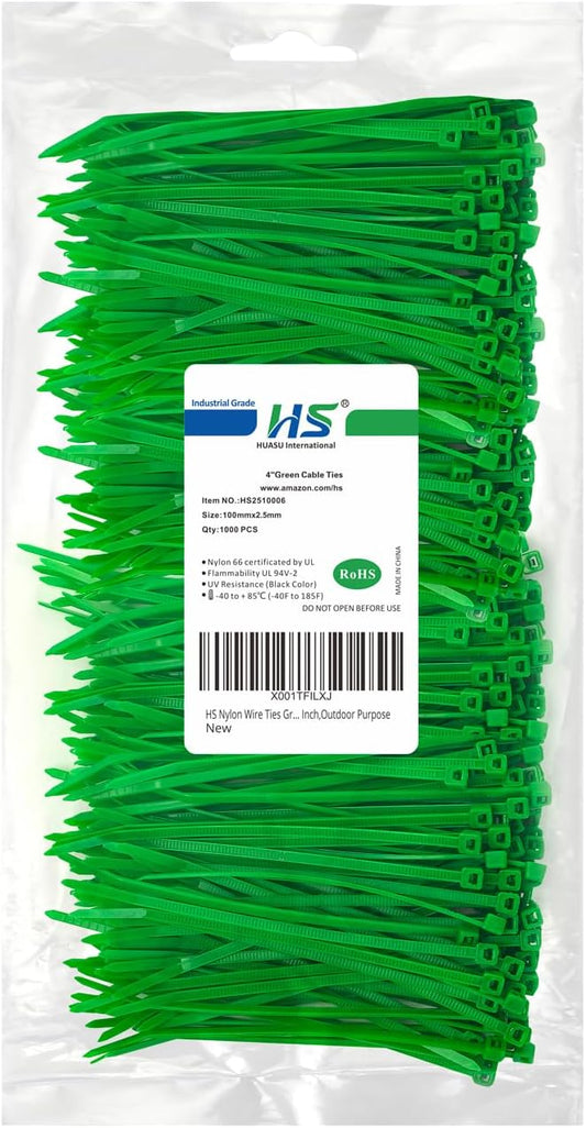 HS Nylon Wire Ties Green Zip Ties 1000 Pieces 18 Lbs Garden Fence Cable Ties 4 Inch,Outdoor Purpose