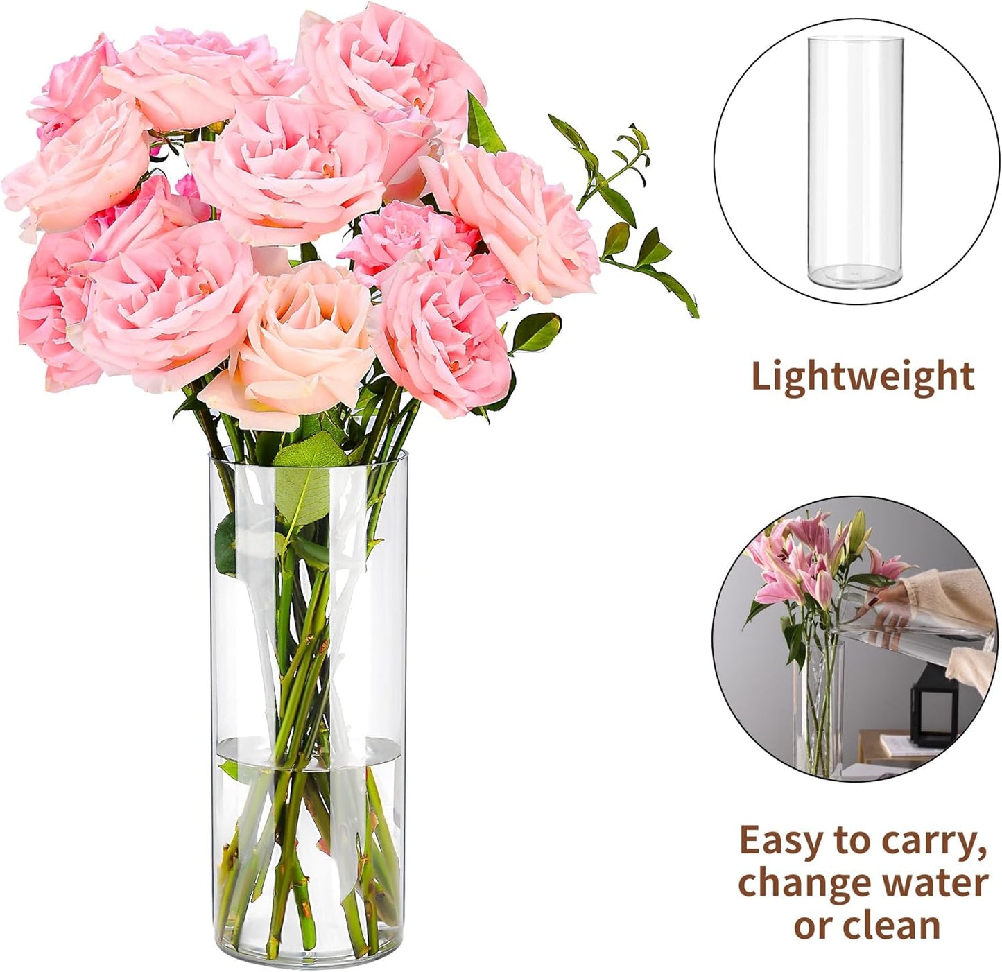 Clear Flower Vase, Non-breakable Vases, 5" W x 16" H, Acrylic Vase, Aesthetic Room Decor Cylindrical Modern Flower Vases for Table Centerpiece, Home Decor, Women Floral Arrangement Gift