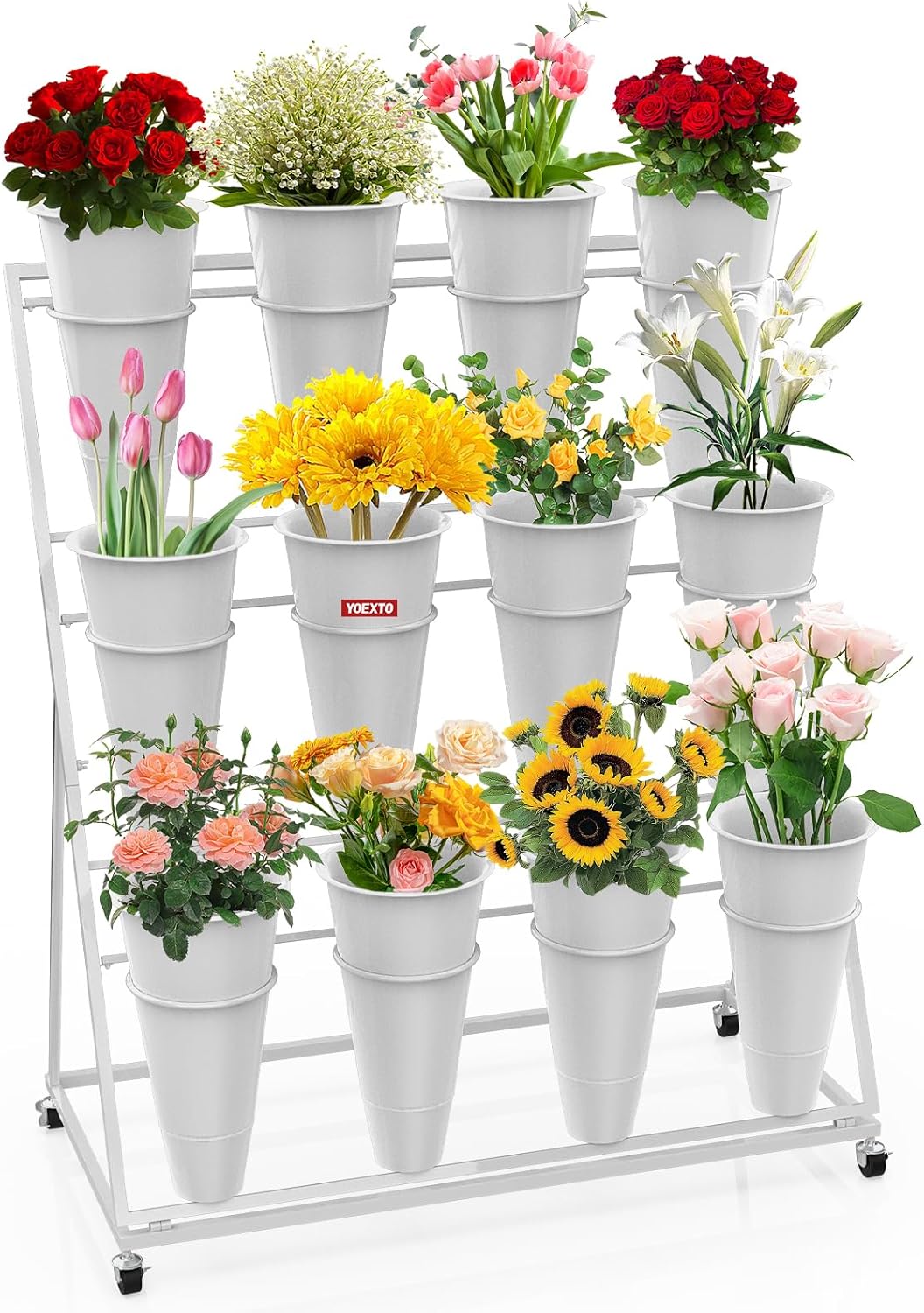 Flower Display Stand 3 Layers with 12 PCS Round Buckets, Plant Stand with Wheels, Movable Metal Plant Stand for Terrace Garden, Florist Shop