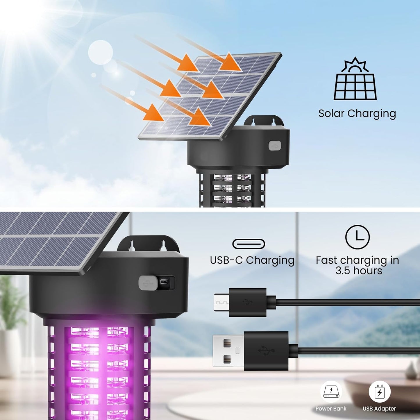 Solar Bug Zapper Outdoor Mosquito Trap Killer Mosquito Killer Lamp，Cordless & Rechargeable ，Fly Zapper Mosquito Catcher Lamp Decor Light for Patio Garden