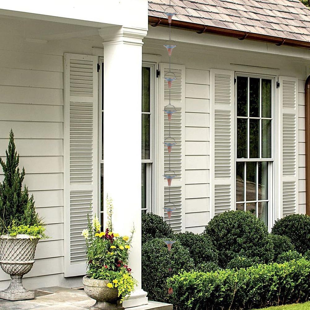 10 Ft Rain Chains for Gutters, Metal Rain Catcher Chain for Eaves Drainage, Rain Gutter Chains with 10 Blue Funnel Cups, Adjustable Rain Chain for Outdoor Decor