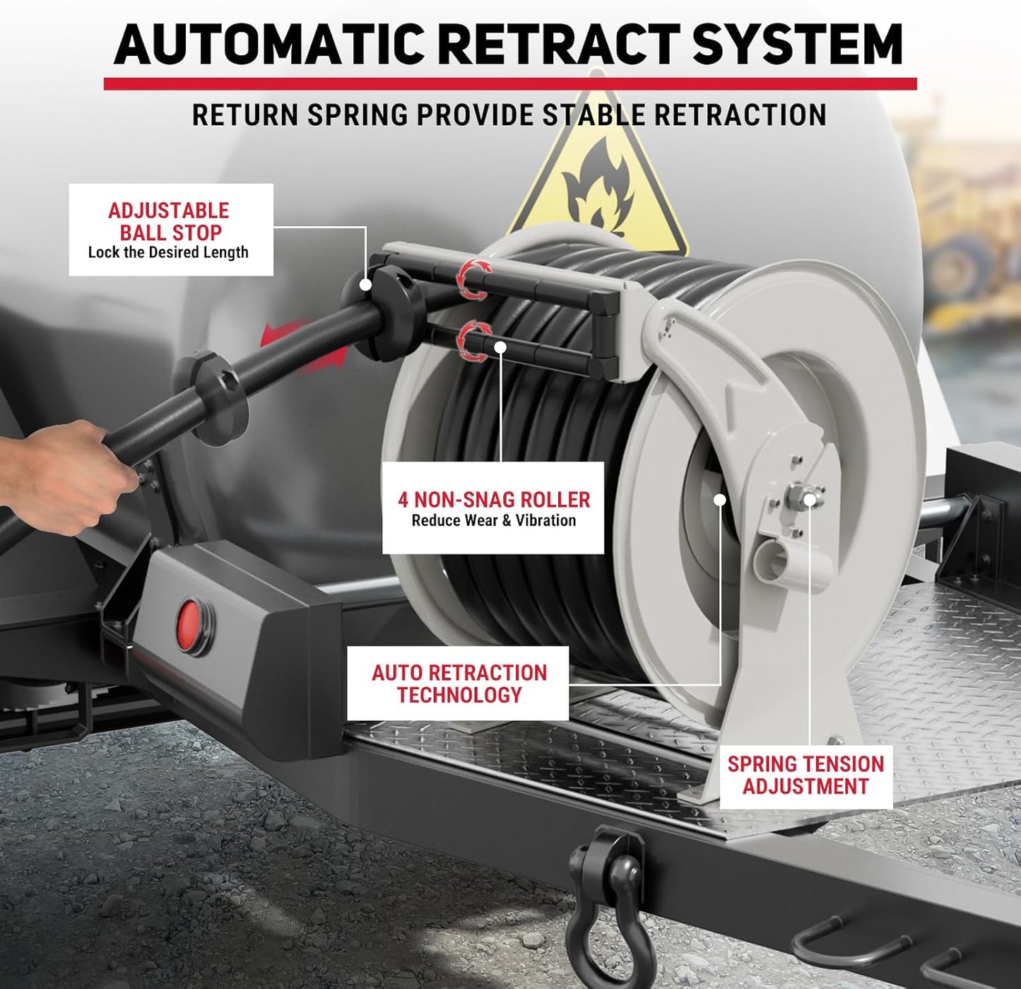 Diesel Fuel Hose Reel 1" x 50FT 300PSI Retractable Fuel Hose Reel Heavy-Duty Steel Ratchet Spring Driven Professional Diesel Hose Reel Auto Swivel Rewind with Fuel Nozzle for Vehicle Tank Truck Ship