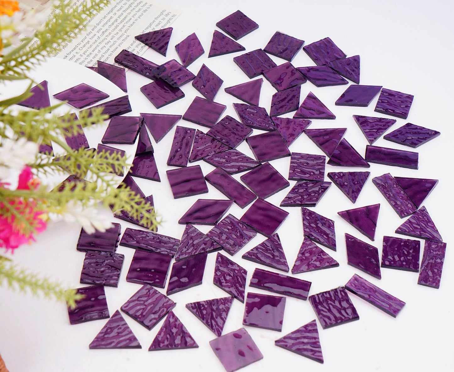 200G Oversize Transparent Glass Mosaic Tiles for Crafts, 4 Shapes Textured Cathedral Stained Glass Mosaic Pieces for Mosaic Art Decor, Violet Purple