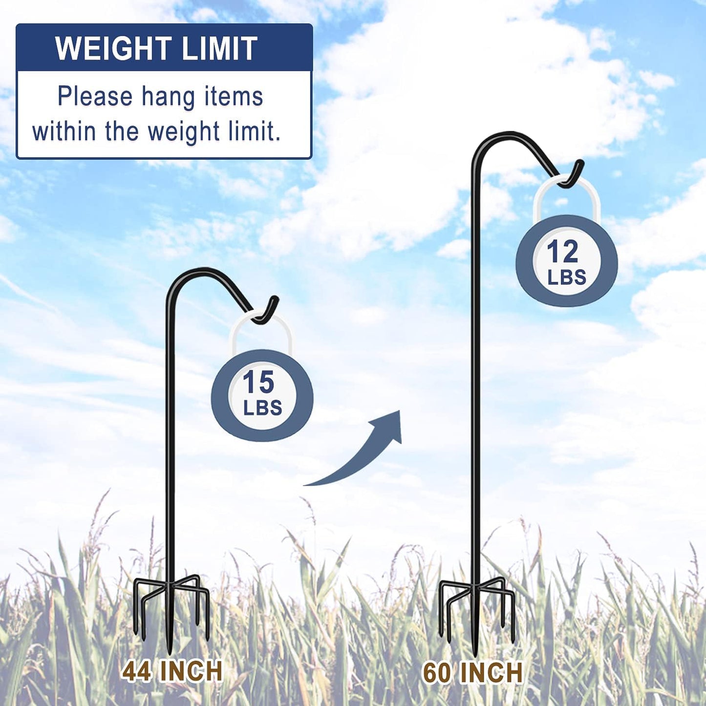 Shepherds Hook for Outdoor Bird Feeders Pole 60 Inch Tall, Adjustable Heavy Duty Garden Hanger Stake Pole with 5 Prong Base, Shiny Black (2 Packs)