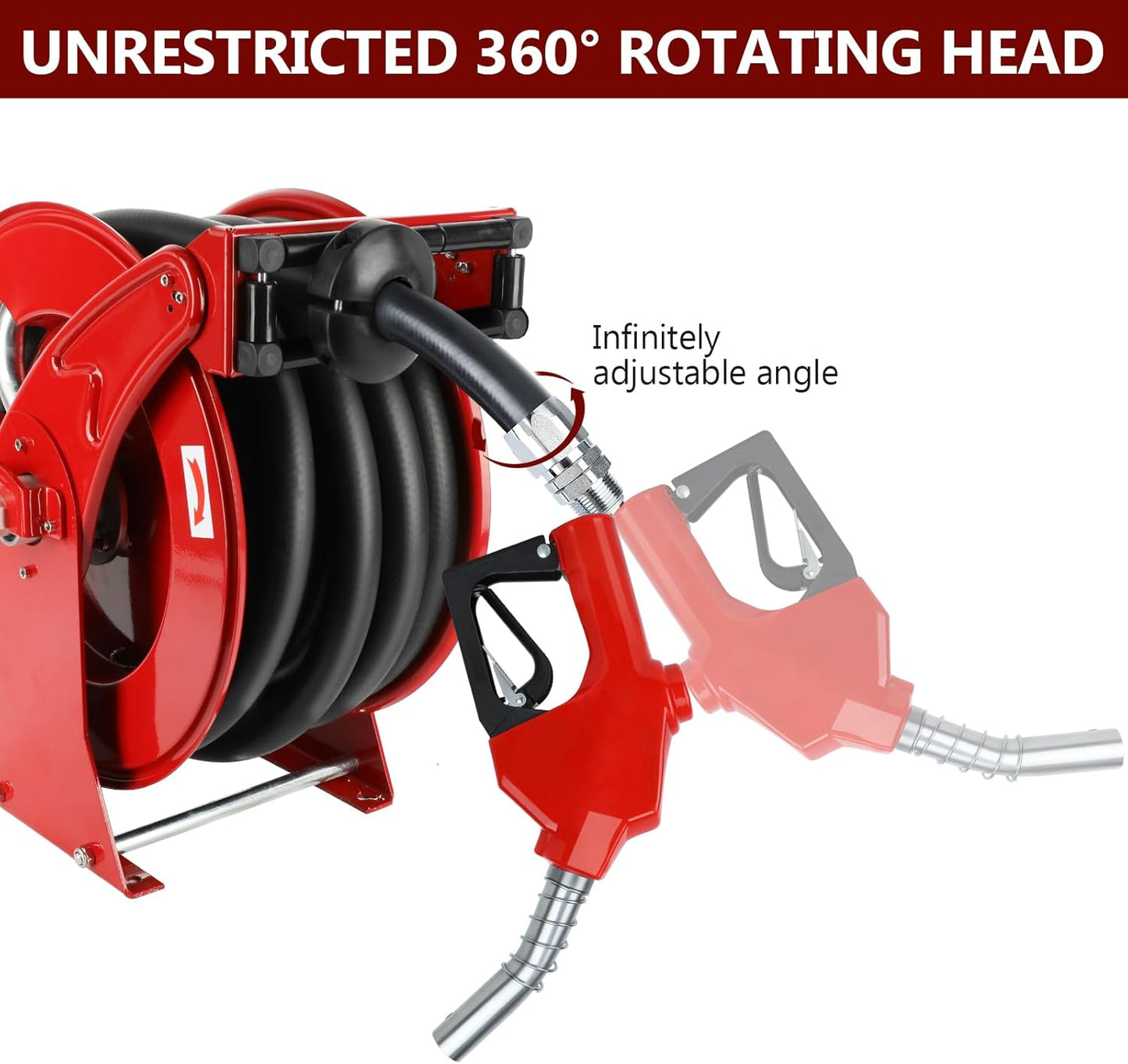 Fuel Hose Reel with Fueling Nozzle, 1" x 33FT Retractable Diesel Hose Reel, 300 PSI Industrial Heavy Duty Auto Swivel Rewind Hose Holder Reels, for Vehicle Tank Truck Trailer Ship
