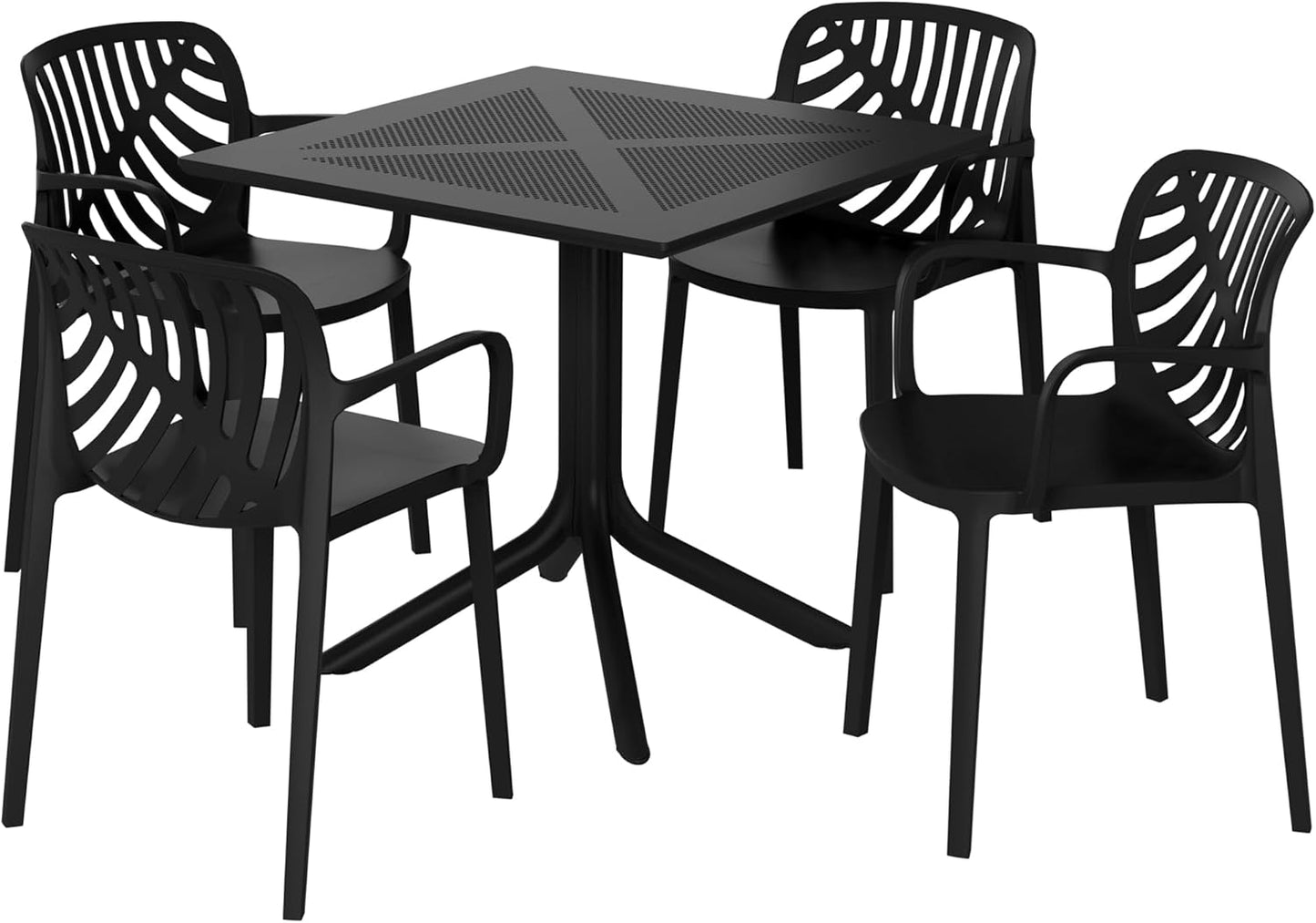Breakfast Table Set for 4, HDPE Patio Square Dining Table and Stackable Chairs, Outdoor Small Patio Furniture Set All Weather for Backyard Porch Poolside, Black