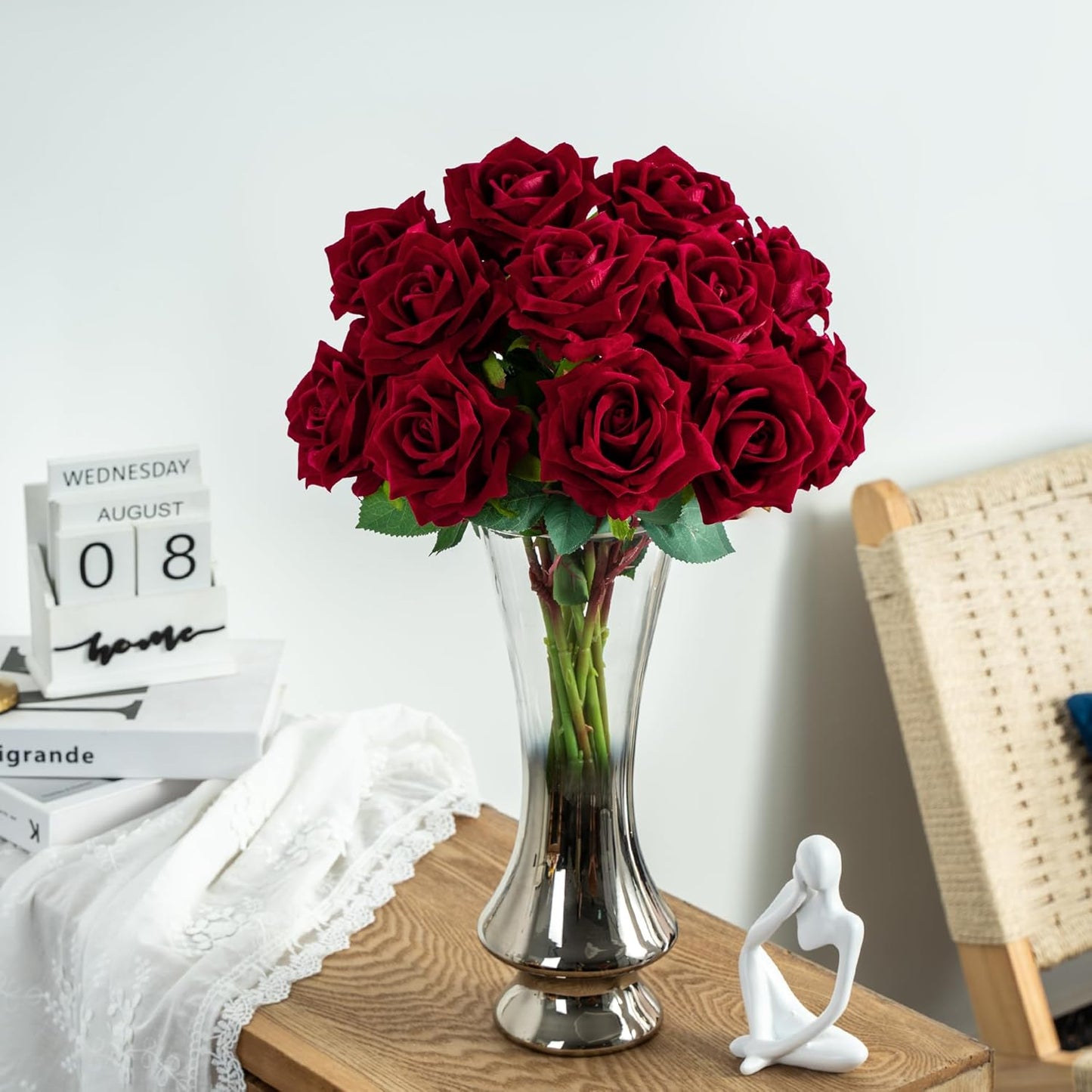 Fake Roses Faux Flowers Silk Roses Artificial Roses with Stems Realistic Artificial Flowers Suitable for Indoor Home Decoration DIY Bouquet Wedding Decor Party Decor 16.5In (12PCS, Red)