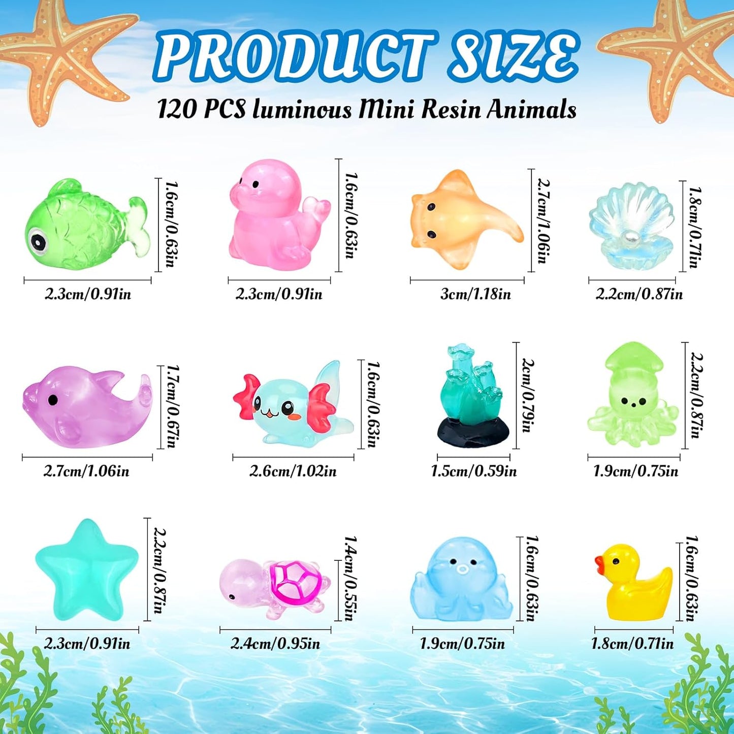 120 Pcs Luminous Mini Ocean Resin Animals Glow in The Dark Tiny Sea Animal Figures Marine Miniature Figurines for Crafts Micro Landscape Fairy Garden Aquarium Decoration