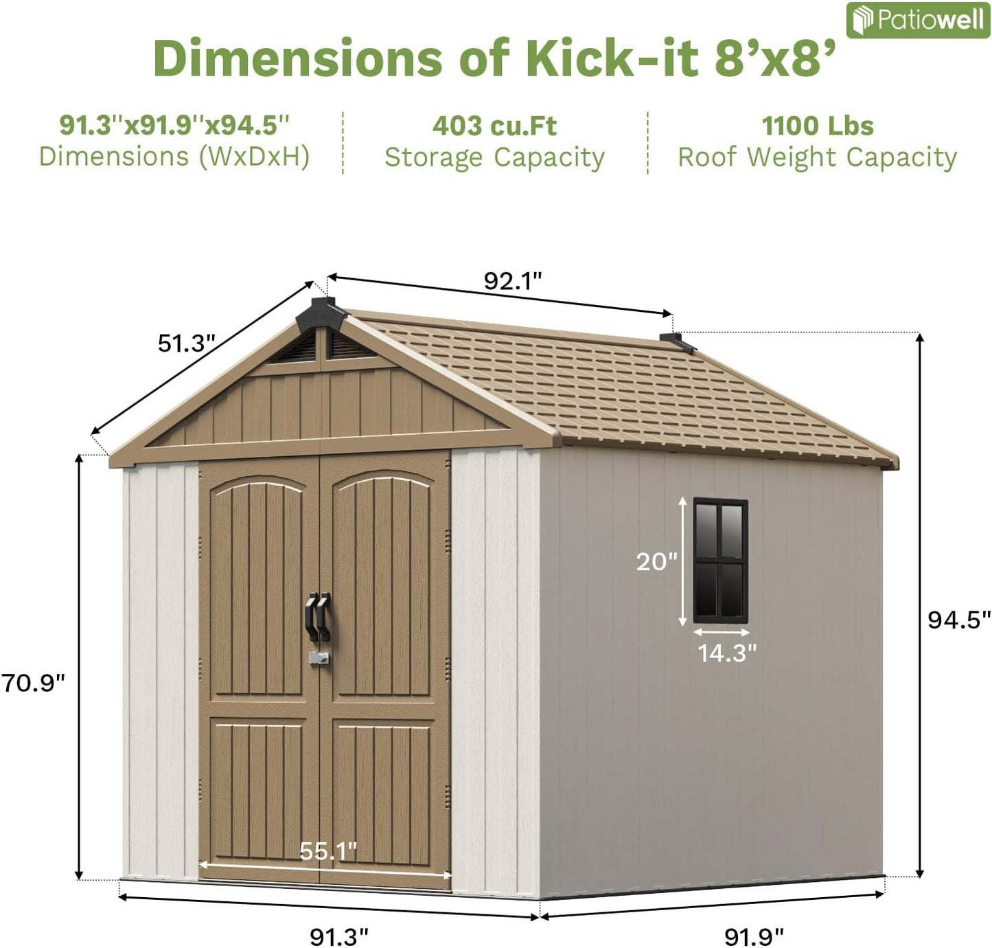 Patiowell 8 x 8 FT Plastic Outdoor Storage Shed with Floor, Resin Shed with Window and Lockable Door for Garden, Backyard, Tool Storage Use, Easy to Install in Brown (Kick-it Shed)